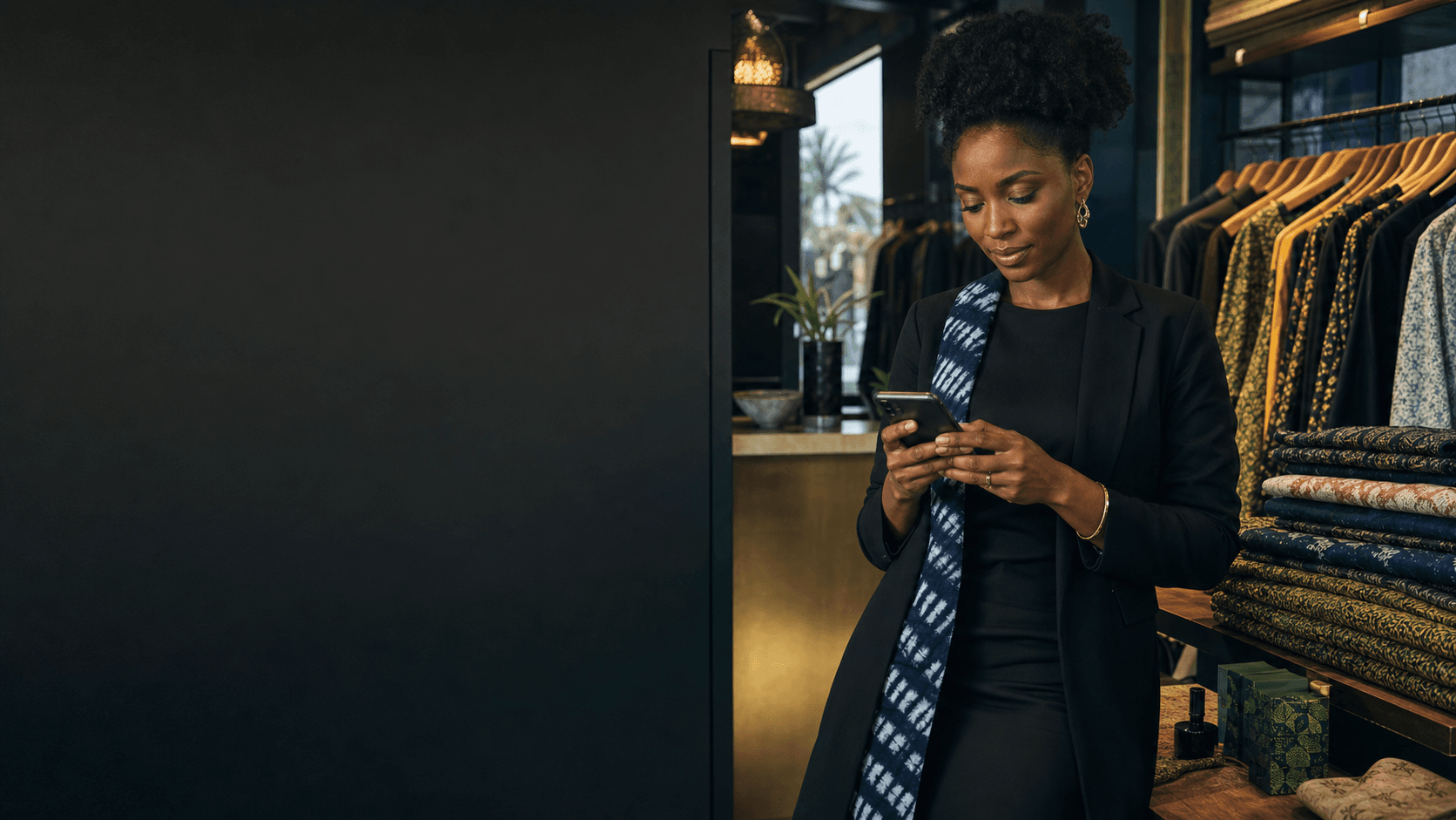Nigerian entrepreneur managing customer orders from her Lagos boutique