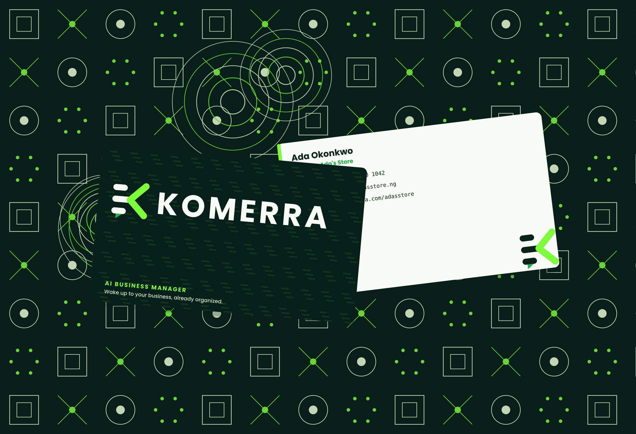 KOMERRA business cards surrounded by Adire-inspired Nigerian geometry